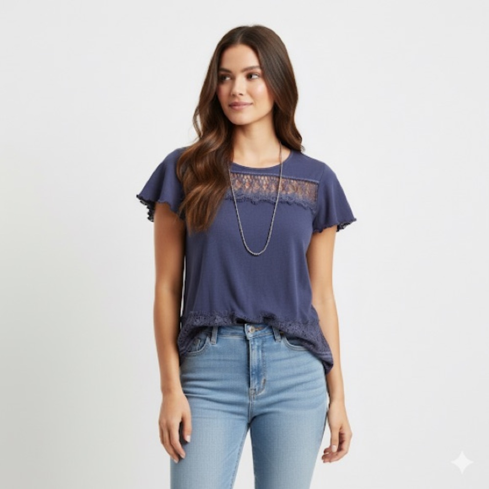 Anthropologie Deletta Indigo Blue Linen Blend Lace Trim Top - Size L